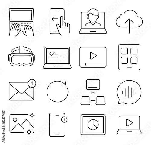 Minimalist technology icons set featuring devices, cloud, communication, and media elements