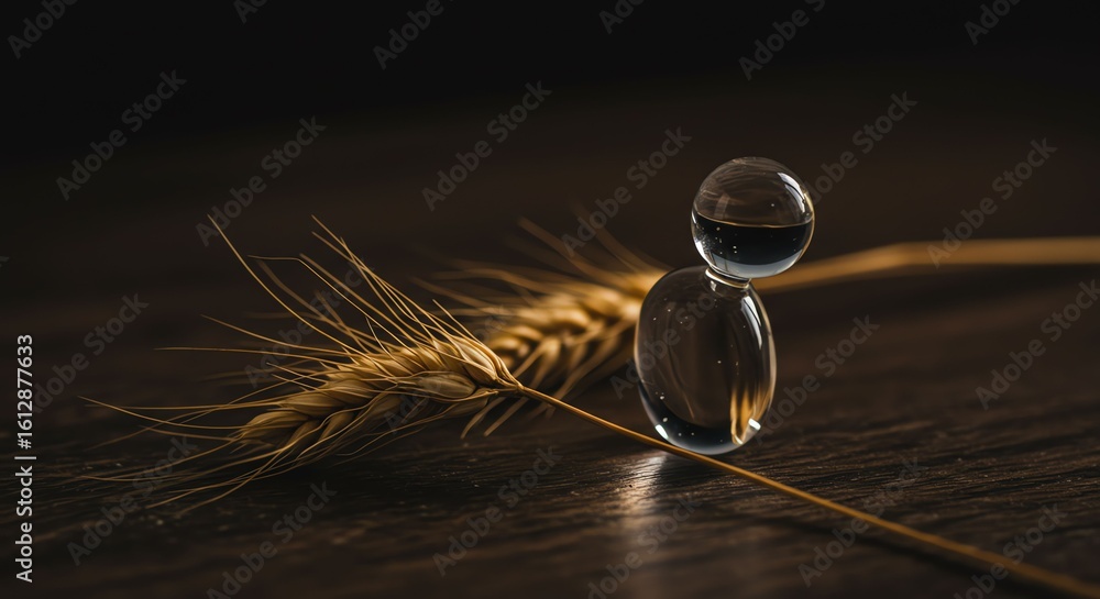 Fototapeta premium Glass Water Drop Balancing on Wheat Spike on Dark Wooden Surface
