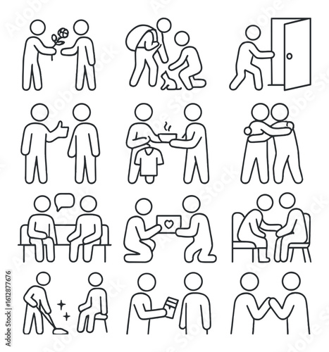 Stick figure illustrations depicting acts of kindness and social interactions