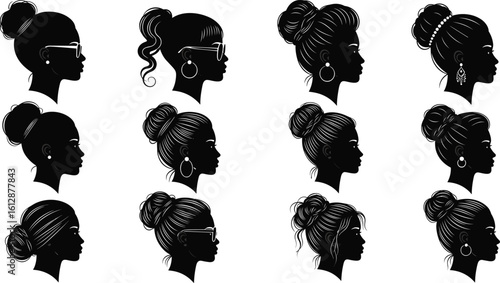 Black woman hairstyle silhouette, elegant female profile, afro bun hair design, beauty fashion illustration, woman side view, vector art set