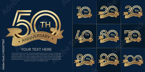 Anniversary logo set with double line number style. golden color with gold ribbon can be use for special moment