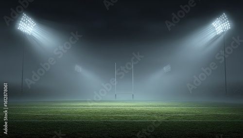Misty stadium night scene featuring goalposts lit by bright stadium lights. Fog obscures the background