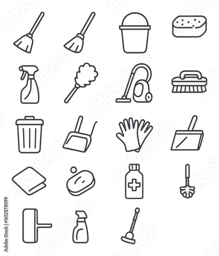 Cleaning tools icons: mop, bucket, spray bottle, vacuum, gloves