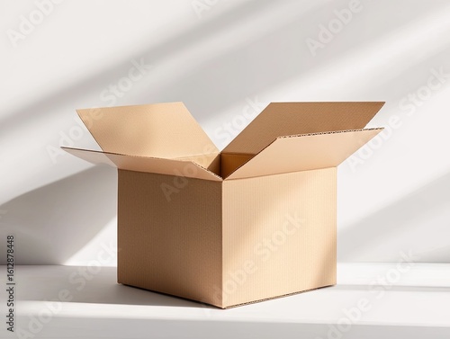 Open cardboard box on white surface, sunlit