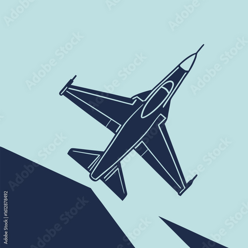 Jet plane in dark blue soars upward against a light blue background