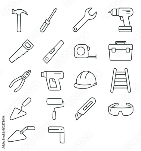 Essential construction tools outline set with hammer, wrench, hard hat, and toolbox