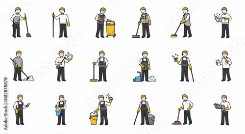 A collection of cleaning personnel, each engaged in various tasks with their tools and equipment. 
