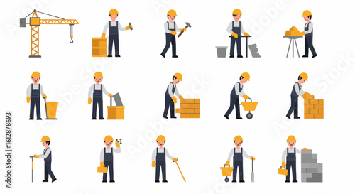Construction worker in various working positions.