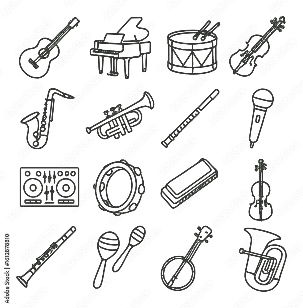 Fototapeta premium Collection of musical instruments icons in minimalist style