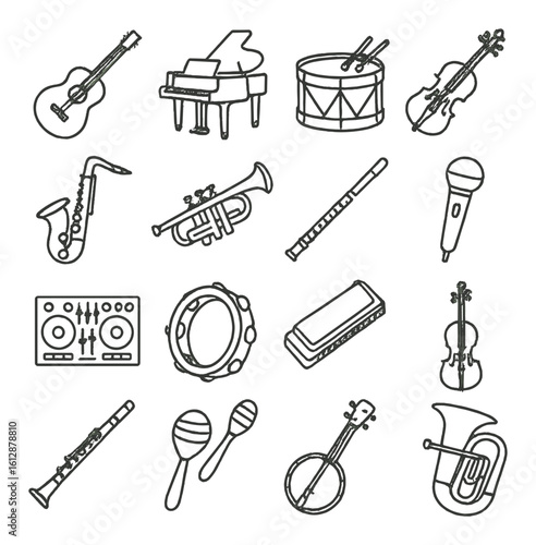 Collection of musical instruments icons in minimalist style