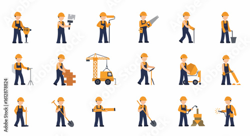 A collage of construction workers and tools