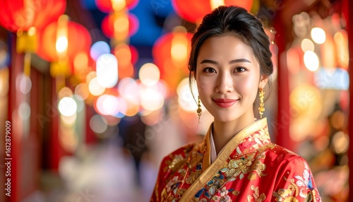 Elegant Chinese woman in traditional attire with smiling amidst festive lanterns.