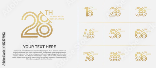 Anniversary logo set with double line number style. golden color with slash can be use for special moment