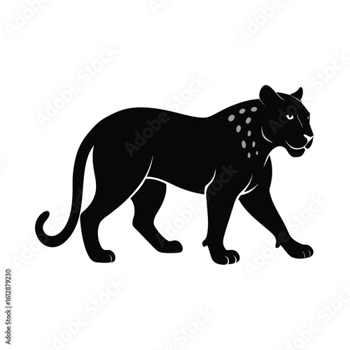 Majestic leopard in a powerful stalking pose captured as a clean silhouette against a white backdrop