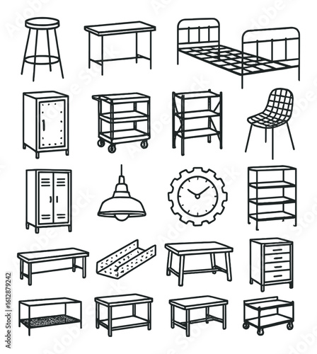 Collection of industrial furniture sketches featuring tables, chairs, storage units, and decorative elements