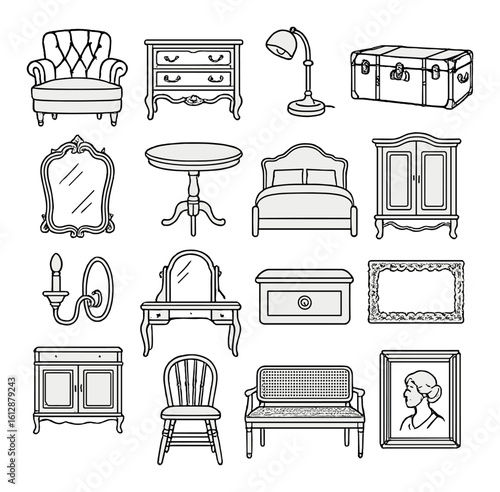 Collection of vintage furniture and home decor elements in black and white