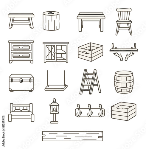 Collection of wooden furniture and decor icons with rustic elements