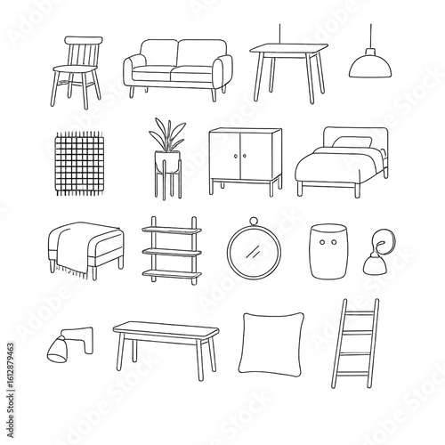 Minimalist furniture set: chair, sofa, table, lamp, bed, plants, mirror, shelf, cushion, ladder