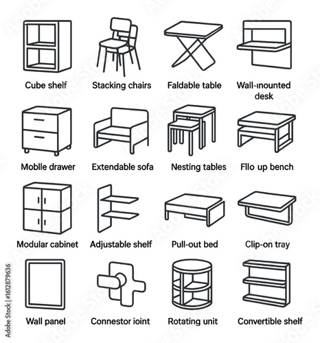 Modern furniture icons: cube shelf, stacking chairs, foldable table, wall-mounted desk