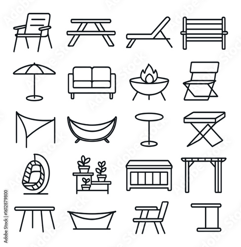 Minimalist outdoor furniture line art icons including chairs and tables