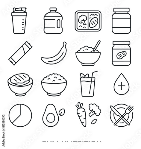 Line art icons of healthy food and nutrition items including blender, water bottle, and vegetables