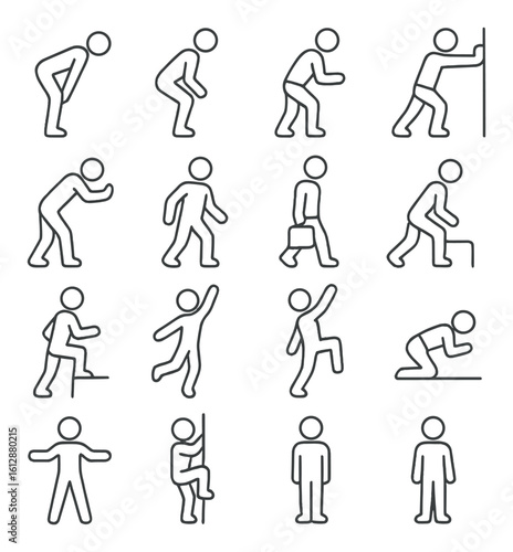 Stick figure illustrations depicting various human actions and poses