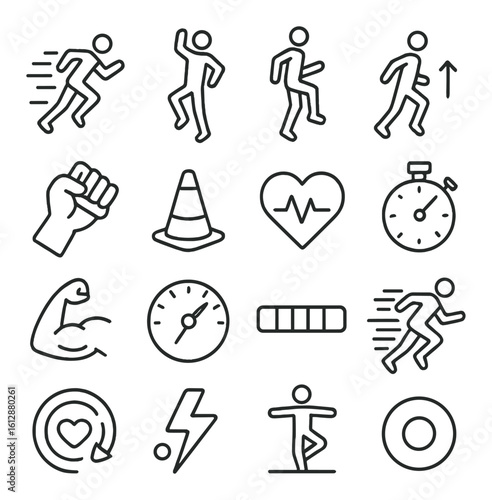Fitness icons collection: running, heartbeat, stopwatch, strength, yoga