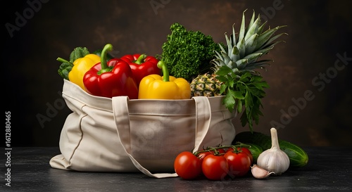 Fresh produce in a canvas bag with assorted vegetables and fruits