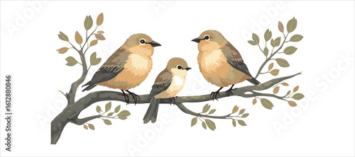 Birds sitting on a branch. They can serve as decoration. Vector art.