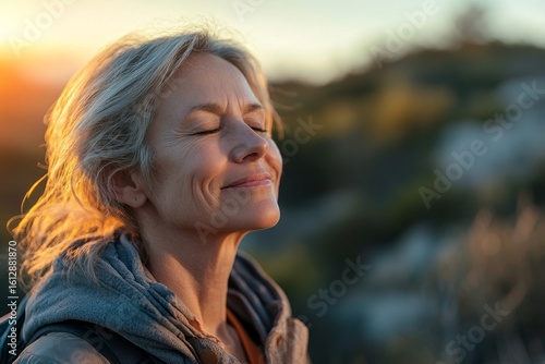 Happy senior woman smiling with eyes closed on a mountain hike, enjoying the outdoors and breathing fresh air. This image captures the peacefulness of a wellness retreat at sunrise, Generative AI