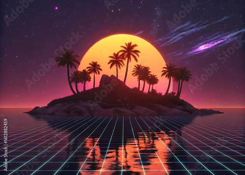Retro synthwave island paradise under a neon sunset