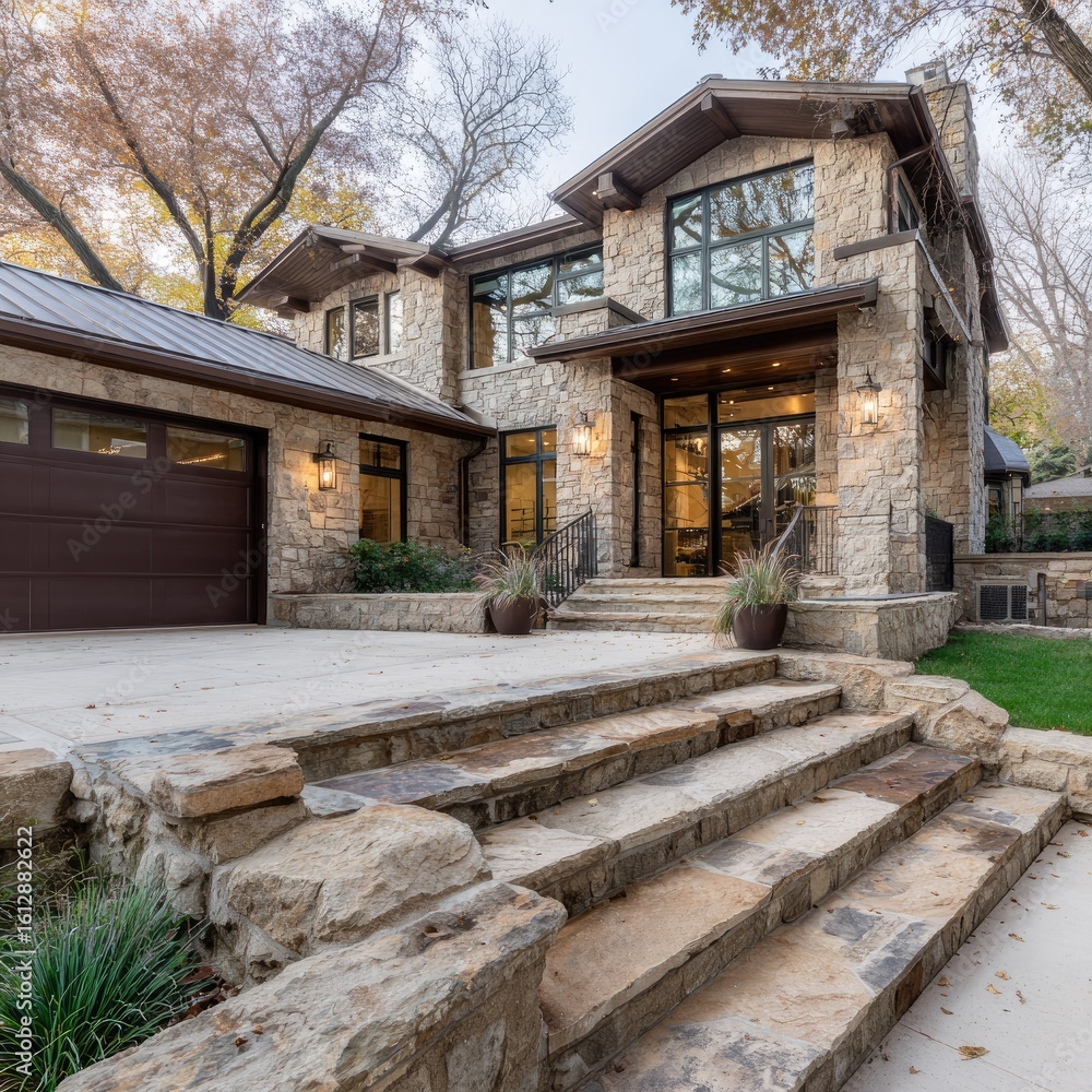 Stone house with large windows and patio steps Stone house with large windows and patio steps