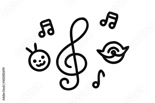 Whimsical Halloween Music Notes and Cute Monster with Swirls treble clef