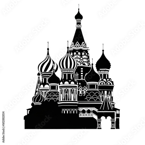 A black silhouette of a famous Eastern Orthodox cathedral with intricate onion domes. A vector graphic of a historic architectural landmark.