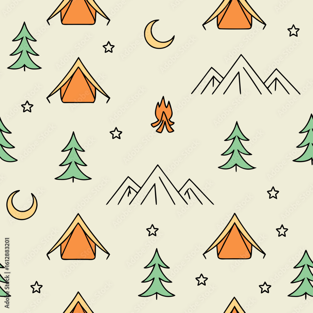 Obraz premium Seamless pattern of camping tents trees moon campfire and stars pine tree forest