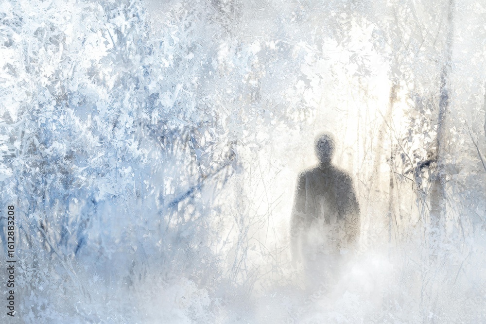 Fototapeta premium A figure walks through a winter wonderland. AI.