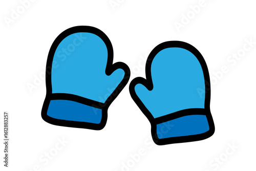 The image shows a pair of blue winter mittens. They are cartoon-style, simple in design, with thick black outlines. The mittens have a darker blue cuff at the bottom and a lighter blue main body