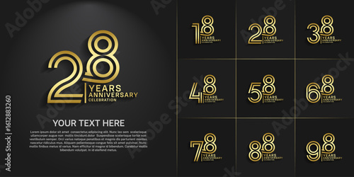Anniversary logo set with double line number style. gold color can be use for special moment