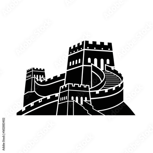 A stylized black silhouette icon of an ancient Chinese fortification. This vector graphic represents a famous Asian landmark with its watchtowers.