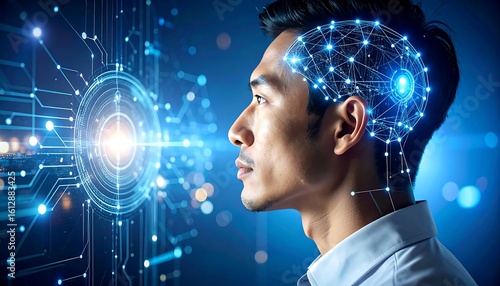 Futuristic Asian man with AI brain with technological vision, and digital concept.
