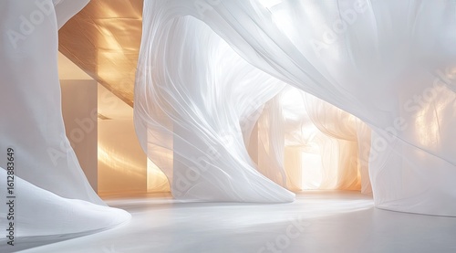 Fototapeta Naklejka Na Ścianę i Meble -  Empty, ethereal space draped in flowing white fabric