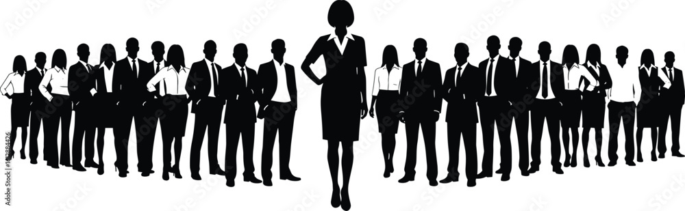 Silhouette of business team with female leader in front, corporate unity, leadership concept, teamwork, black white professional vector art Silhouette of business team with female leader in front, corporate unity, leadership concept, teamwork, black white professional vector art