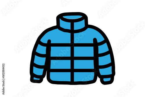 The image shows a cartoon-style blue winter jacket with black outlines. The jacket has a high collar and features horizontal and vertical quilting lines, giving it a puffy, insulated appearance.