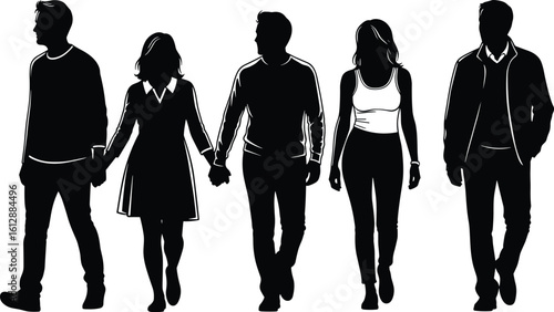 Silhouettes of men and women walking, couple holding hands, casual fashion, black white illustration, group walking pose, lifestyle concept