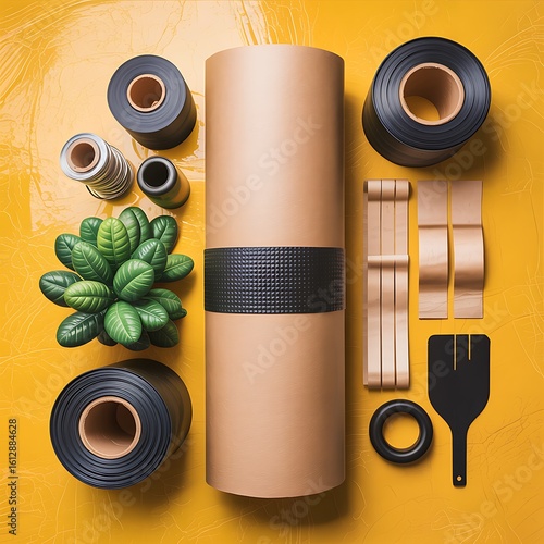 Flat lay of craft supplies and plant on yellow background