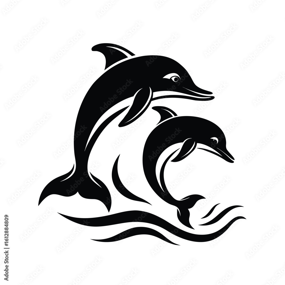 Naklejka premium Graceful pair of dolphins leaping joyfully through dynamic ocean waves