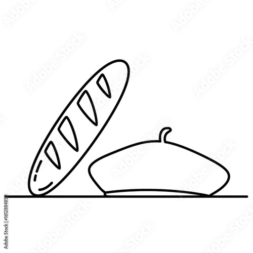 Iconic symbols of France in a simple line drawing. A classic baguette and a beret representing French cuisine, lifestyle, and European charm.