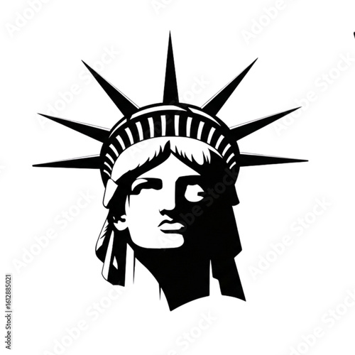 A minimalist black and white graphic illustration of the iconic head of the American symbol of freedom with her seven-point crown.