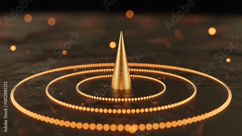 Golden Cone Surrounded by Glowing Orange Orbs in Concentric Circles