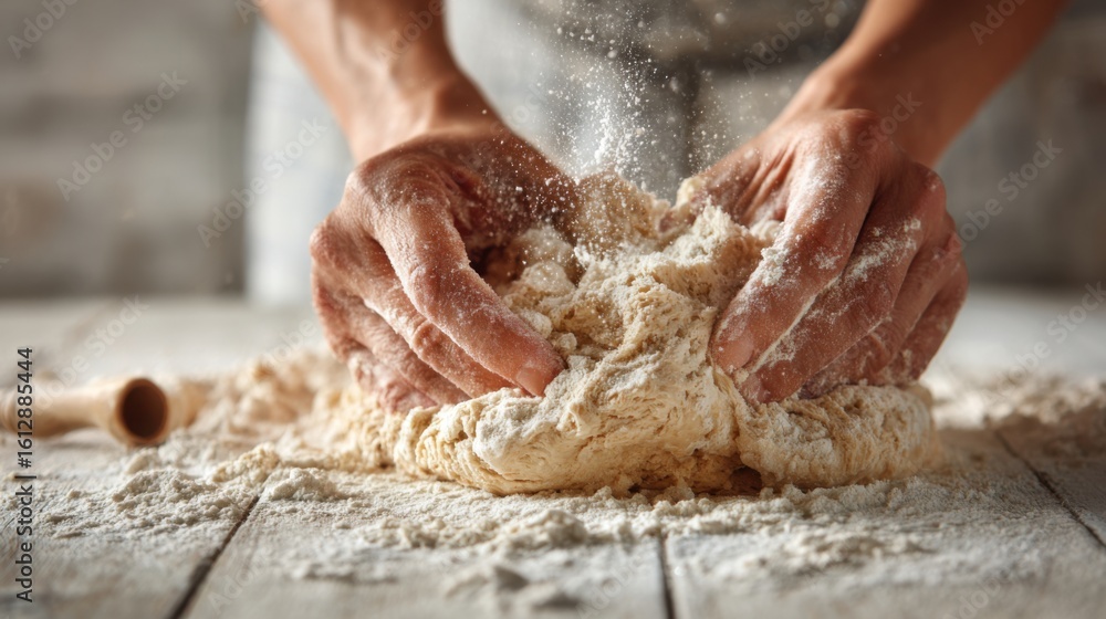 Fototapeta premium Flour dust fills the air as hands work the dough on a wooden countertop in a warm, rustic kitchen. The afternoon light adds warmth to the scene of preparation.